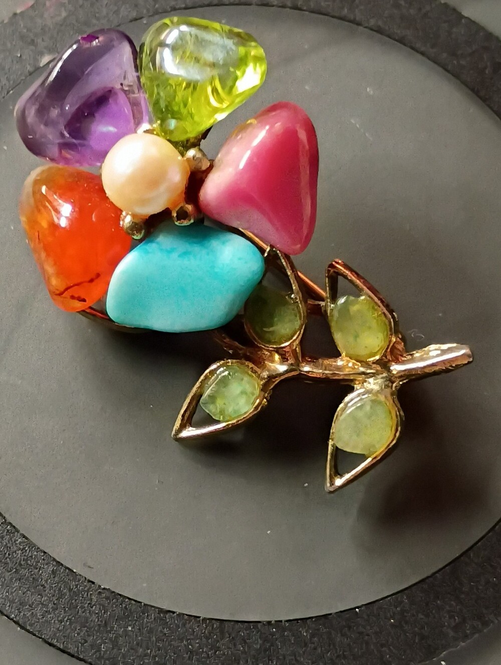 Multicolor Stone and Pearl Floral SIGNED SWOODEN Brooch - Colorful Gem Accents